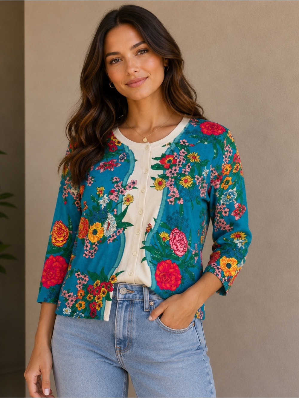 Talbots Petite Floral Cardigan Sweater Colorful Garden Print Size Small Petite